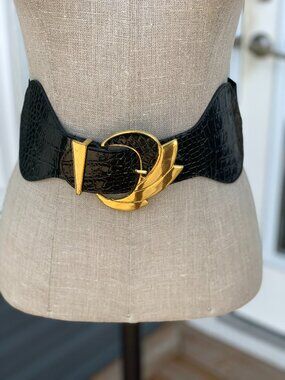 Vtg Wide Statement Belt Black Elastic Croc Embossed Faux Leather Gold Buckle Y2K